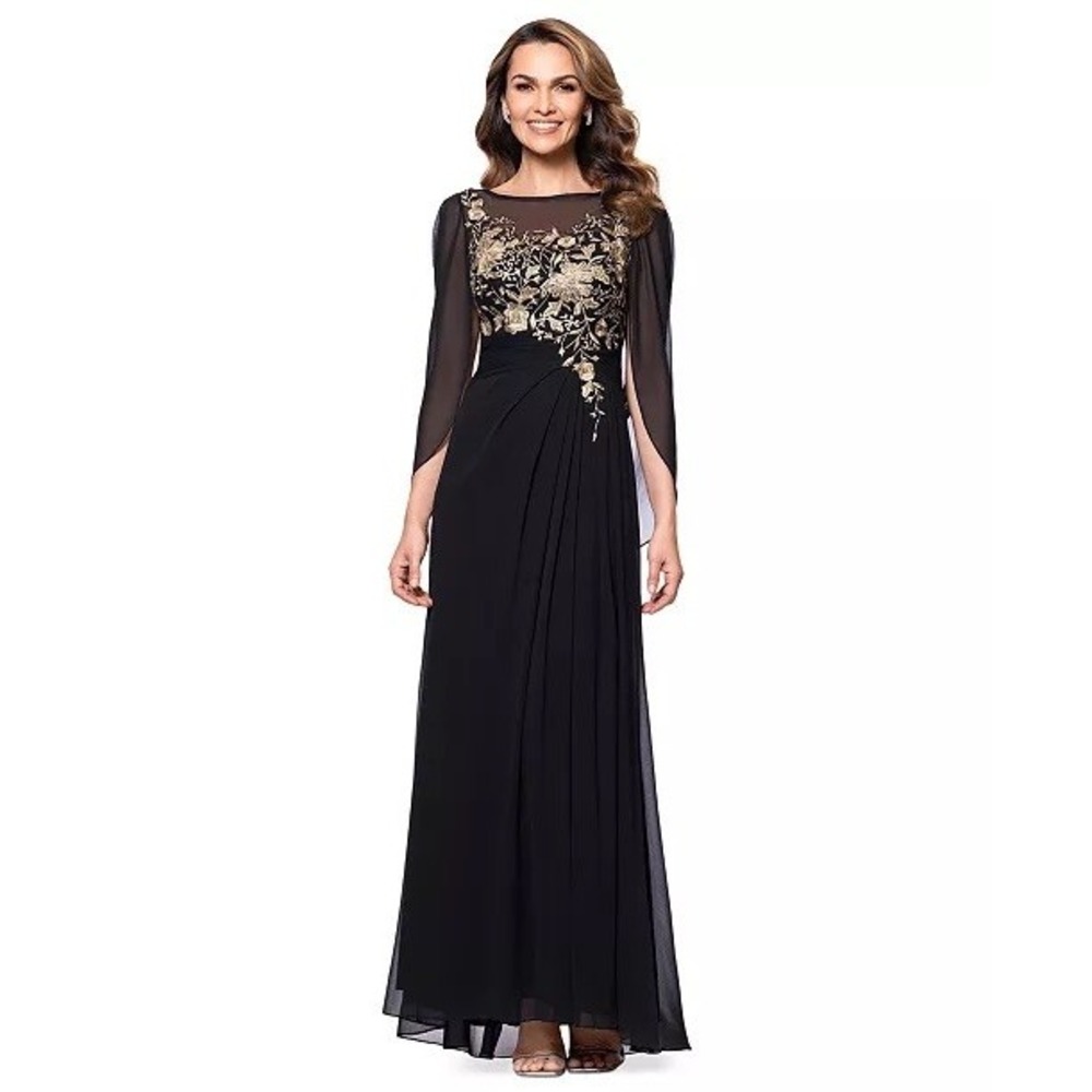 NWOT Betsy & Adam Women's Sequin-Floral Cape-Sleeve Chiffon Gown 8 $299
